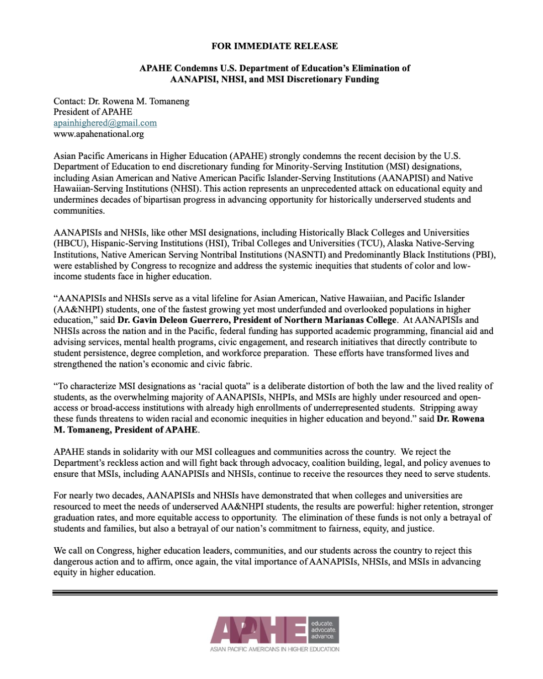 Screenshot of the PDF of the statement from APAHE: APAHE Condemns U.S. Department of Education’s Elimination of AANAPISI, NHSI, and MSI Discretionary Funding