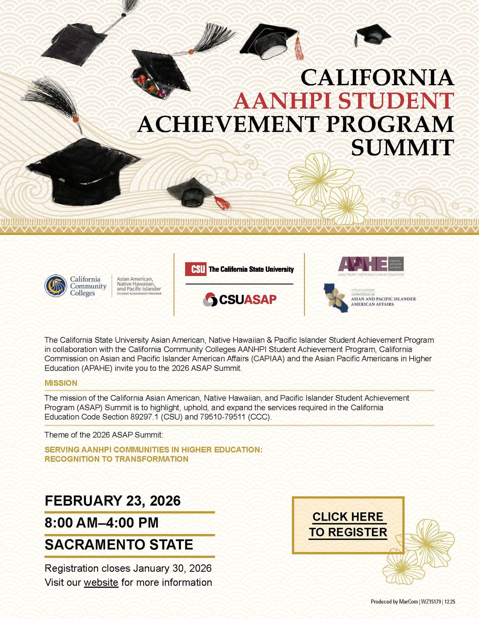 Promo image with illustrations of graduation caps in a gold and red color scheme for CSU and CCC Asian American, Native Hawaiian, and Pacific Islander Student Achievement Program Summit with co-sponsor logos