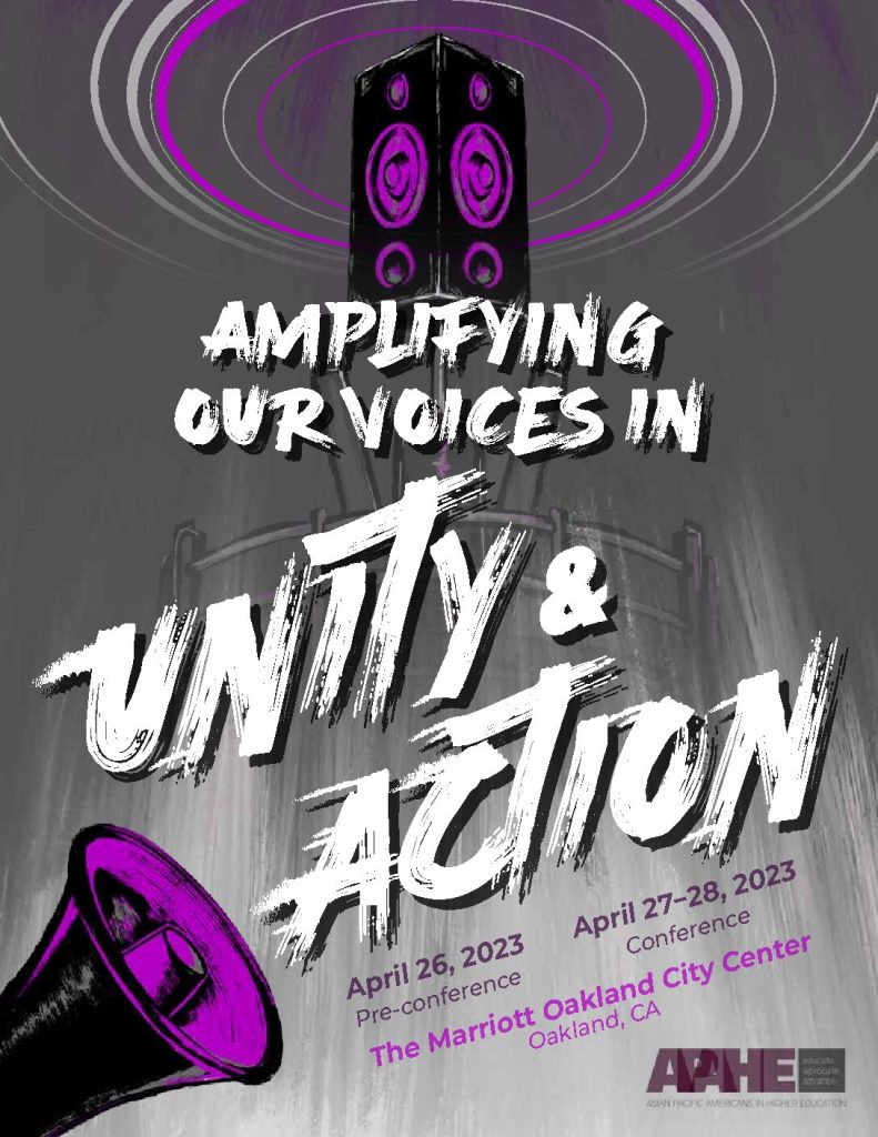 Amplifying our voices in unity and action, 2023 cover for the APAHE conference program in gray, purple, black and white