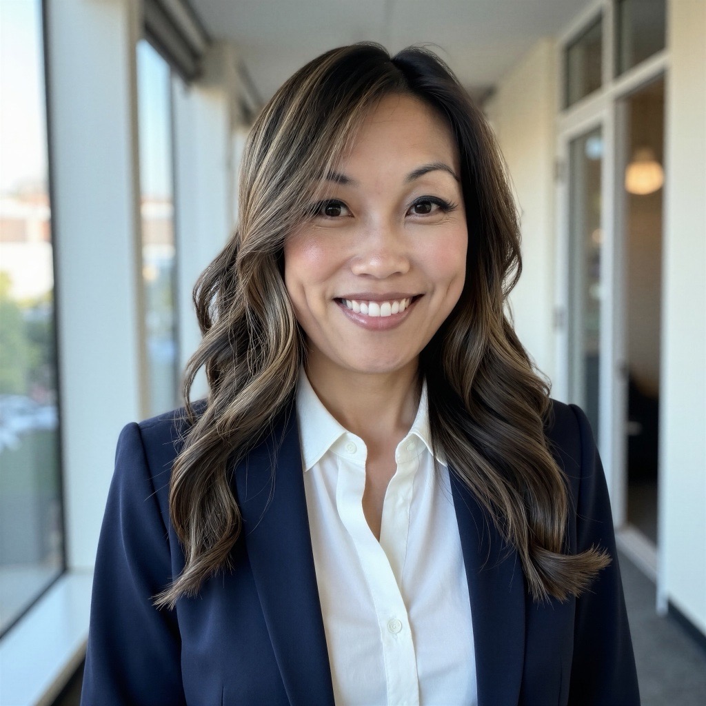 Photograph of Bonnie Li Victorino in a blazer and white shirt indoors